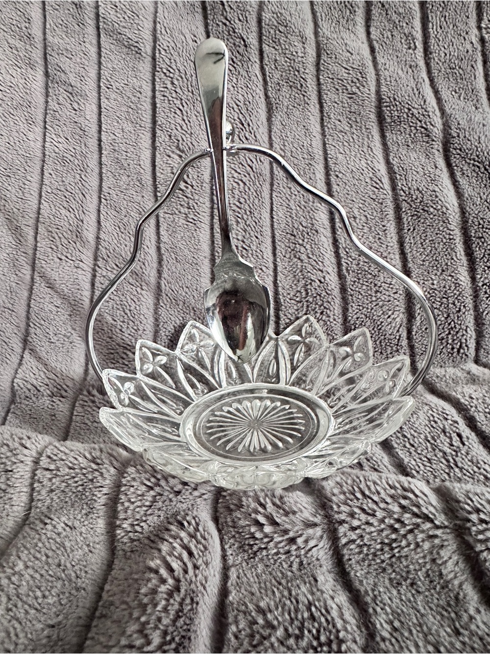Jam Relish Set Sheffield England Chrome Spoon Federal Petal Glass Vintage